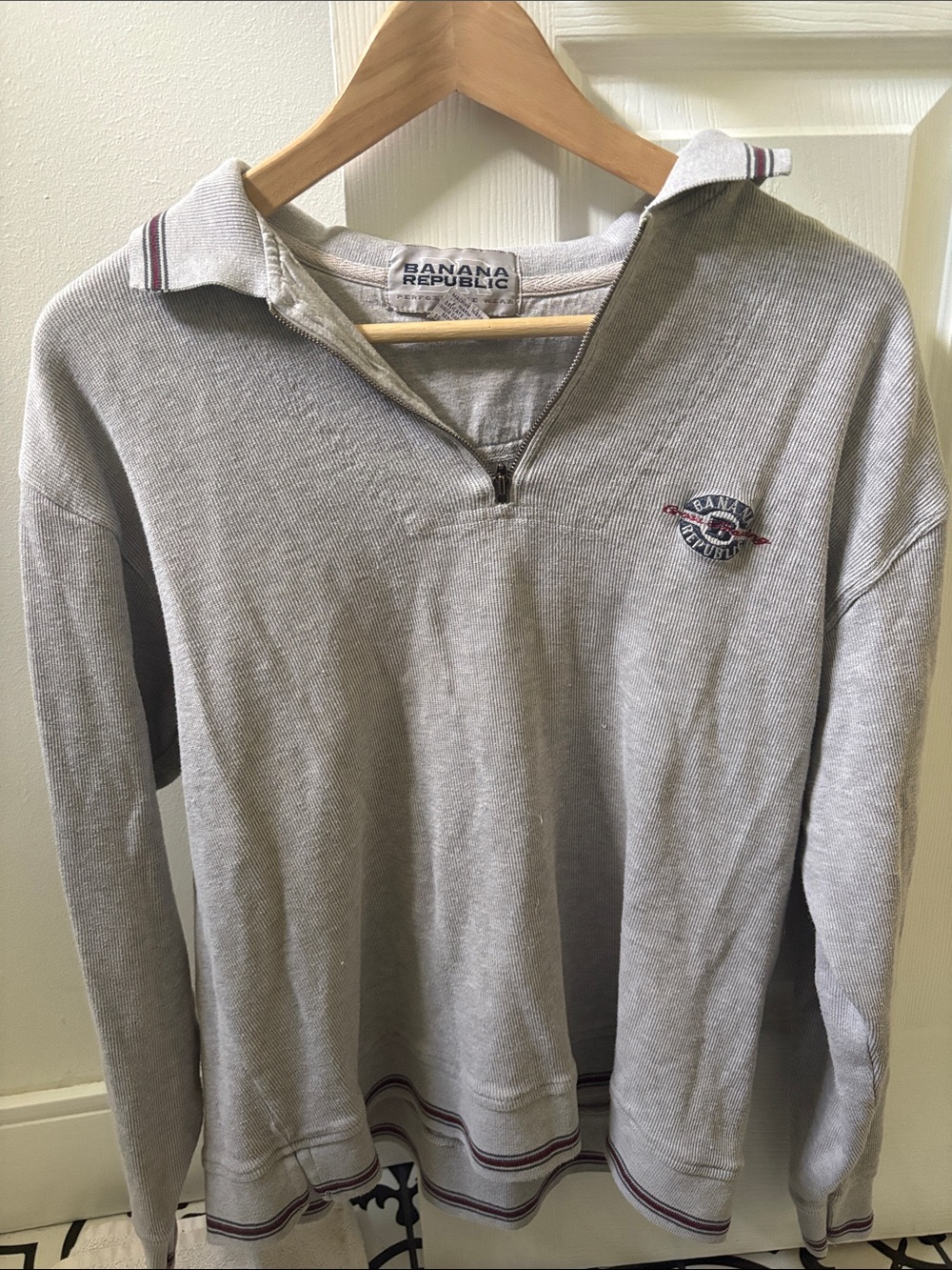 Banana Republic Men's Light Gray Zip Polo Sweater with Stripe Trim